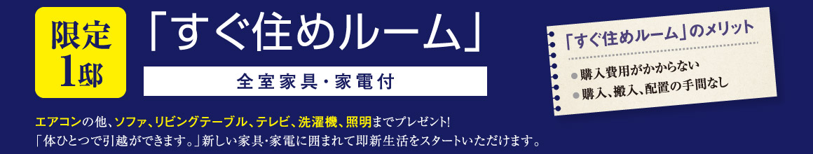 「すぐ住めルーム」全室家具・家電付 エアコンの他、ソファ、リビングテーブル、テレビ、洗濯機、照明までプレゼント!「体ひとつで引越ができます。」新しい家具・家電に囲まれて即新生活をスタートいただけます。